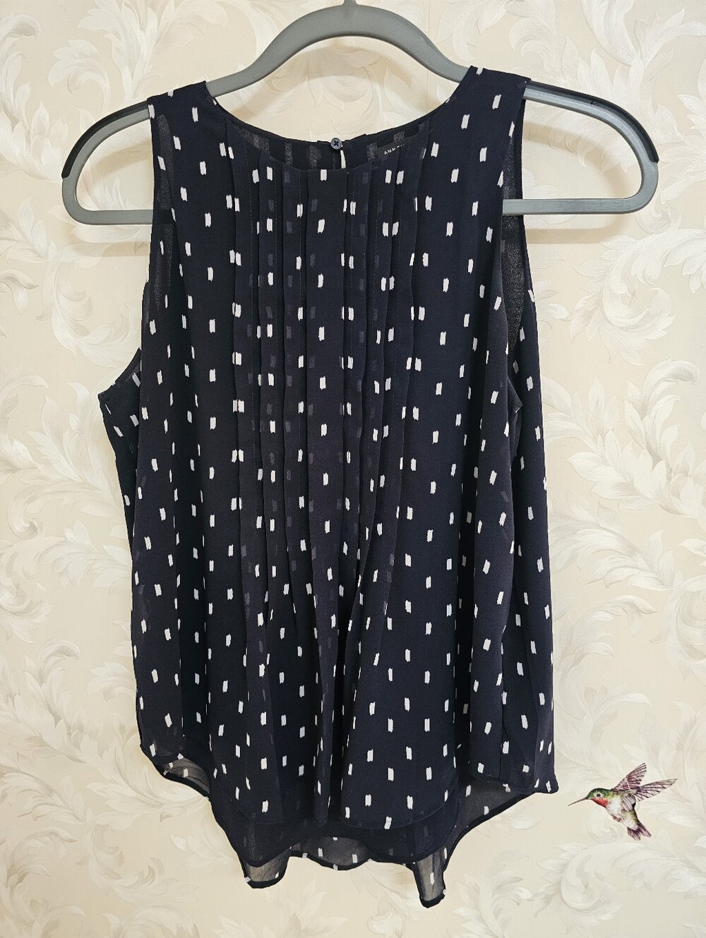 Ann Taylor Navy & White Pleated Dot Chiffon Camisole